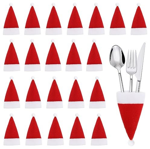 VALICLUD 30st Süssigkeiten Weihnachtliche Tischdekoration Weihnachten Mini Rote Weihnachtsmützen Weihnachtsmannmützen, Besteckhalter Mini Christmas Hats Cutlery Covers Hut Lutscher Geschirr