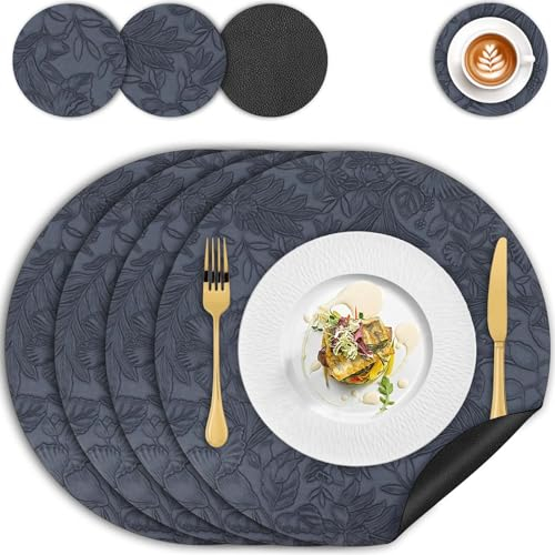 Placemats and Coaster Sets 4, Dual-Sided Leather Table Mats Heat-Resistant Non Slip Waterproof, Round Floral Wipeable Washable Place Mat(34cm), Easy to Clean for Kitchen Dinning Restaurant(Blue Black)