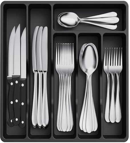 Lifewit Cutlery Drawer Organiser, Plastic Cutlery Tray for Kitchen Drawer, Utensil Flatware Silverware Holder Divider for Spoons Forks Knives Tableware, 6 Compartment, Black