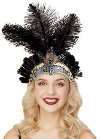 Novelty Karneval-Kopfschmuck mit Federn, Feder Kopfschmuck Federschmuck Gold-schwarz, Brasilianischer Feder Kopfschmuck Karneval Federkopfschmuck Tänzerin Federkopfschmuck Karneval (Black, One Size)