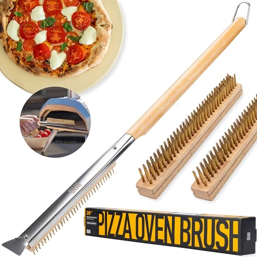 OUII 26'' Pizza Oven Brush with Stone Scraper - Includes 3 Brush Heads, Heat-Resistant Gold Stainless Steel Bristles - Long Grip Handle, Compatible with Ooni, Gozney, Blackstone, Solo Stove Ovens