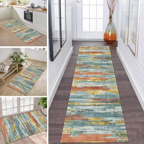 Teppich Läufer Flur Küche rutschfest waschbar Teppichläufer Lang 60X250CM Grün Orange Gold Polyester Küchenläufer Teppich Meterware Korridor Tepiche Esszimmer Eingang Wohnzimmer Schmutzfangmatte
