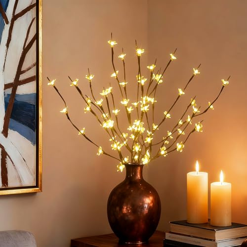 AMARS 3 Stück LED beleuchtete Baumzweige Lichter mit Kirschblüten Blumen Dekoration, USB Plug in Powered, 60 LEDs Raumdekor Nachtlichter, dekorative Stäbe für Vase Schlafzimmer Zuhause Weihnachten