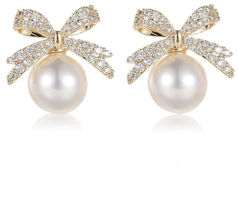 WKRTDY 2 Stück Schleifen-Perlen-Ohrringe, Goldene Bogen Ohrstecker für Damen, eleganter Schleifen Schmuck, modische Gold-Ohrringe, für Frauen