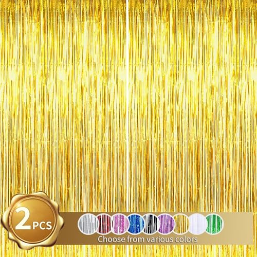 RIBBOOO 2 Pcs Gold Foil Fringe Tinsel Curtains, Metallic Glitter Curtain, Door Streamers for Graduation Stage, Birthday Wedding Baby Shower, Christmas Party Decoration (3.28 ft x 6.56 ft)