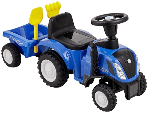 Baroni Toys Tracteur Ride-on avec remorque pour Enfants de 12 à 36 Mois, Tracteur avec klaxon à air, Véhicule pour Enfant, Sons et phares fonctionnants, Pelle et râteau Inclus, 29x91x44 cm (Bleu)
