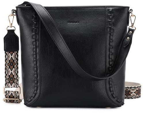 RAVUO Sac A Main Femme, Vintage Sac À Bandoulière Cuir PU Mode Sacs À Main portés Épaule avec 2 Bretelles Réglables pour Voyage Shopping,Noir