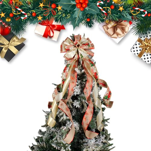 Christmas Tree Topper Bow, Christmas Tree Topper Burlap Big Bow Snowflake Ribbon Christmas Bow, Large Bows for Christmas Tree Decoration Party Wedding 30 * 110CM (A)
