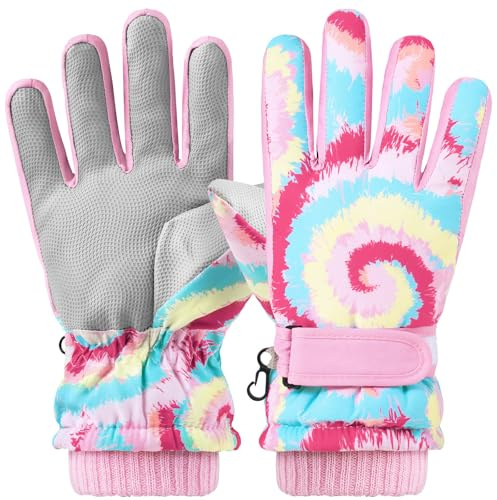 WAWSAM Kinder Ski Handschuhe Fäustlinge wasserdichte Winter Handschuhe Winddichte Warm Fleece Fahrradhandschuhe (Dye-Tie, 6-10 Jahre)