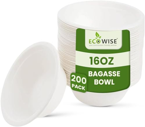 EcoWise 200 Paper Bowls 16oz White Rigid Bagasse Bowls Eco-Friendly Biodegradable Disposable Bowls for Hot and Cold Food Perfect for Soup, Salad, Dessert