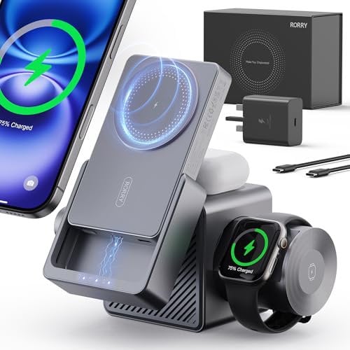 4-IN-1 Ladestation Cube Powerbank 10000mAh, RORRY 15W Kabellose Ladegerät für MagSafe iPhone 16/15/14/13 Serie & Apple Watch & AirPods Pro, PD 20W USB-C Power Bank für Samsung Xiaomi Mit 45W Netzteil