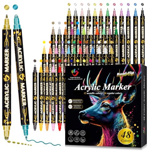 FINGERTIP STORY Acrylic Paint Pens, 48 Metallic Pens Colours Dual Tip Acrylic Pens for Rock Painting, Wood, Glass, Ceramic, Stones, Fabric, Canvas, Craft, Waterproof Brush Pens