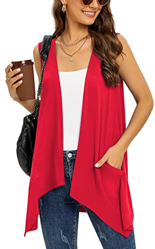 Wiwclo Red Sleeveless Cardigan Vest for Women Plus Size Lightweight Summer Jacket with Pockets Casual Work Knit Open Front Long Drape Duster,XXL