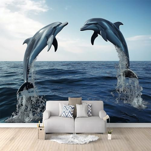 Papel pintado de pared con delfines de cielo azul, pintura de pared azul, para sala de estar, dormitorio de niños y niñas, fondo de guardería, decoración de pared, 200 x 140 cm