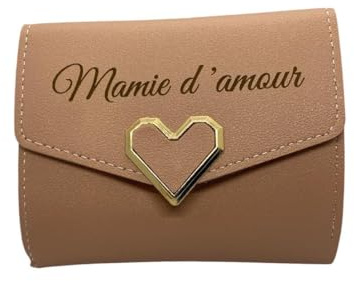 Porte-Monnaie en Simili Cuir Vieux Rose, Motif Mamie d'amour avec Un cœur doré, Idée Cadeau Femme, Anniversaire, fête, noël, Grand mère