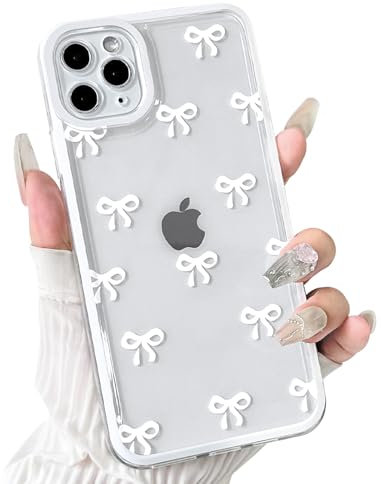 NITITOP Compatible with iPhone 11 Pro Case Cute Clear White Durable Ribbon Bowknot Pattern for Girls Women Soft TPU Transparent Full Camera Lens Shockproof Protective Phone Cover - White