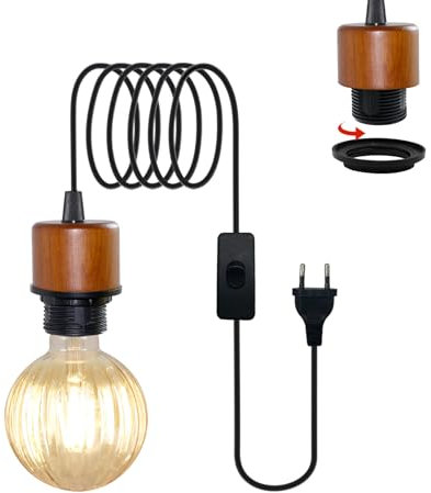 Lámpara Colgante con Interruptor y Enchufe, Kit de 500CM Cable de Luz Colgante de Madera, Lampara Techo Colgante de Portalámparas E26/E27, Accesorio de Luz DIY Lámpara de Araña Vintage