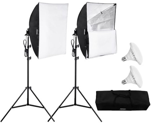 VEVOR Kit di Illuminazione Softbox, Softbox Professionale con Lampadine LED 30 W, Temperatura Colore Regolabile 5500 K, Treppiede, Luci per Fotografia Registrazione Streaming Live 600 x 600 mm