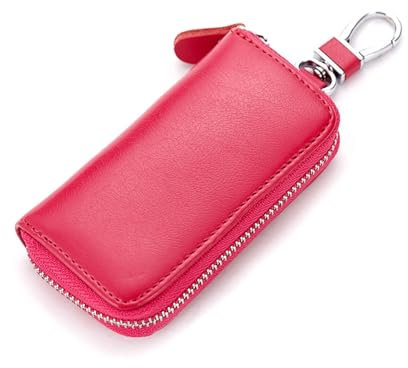 Etui Porte-Clé Cuir, Etuis Porte-Clés de Voiture, Porte Clef Cuir, Portefeuille,Porte-clés avec Crochet en métal Et Fermeture éclair,Pochette Porte Cles Avec 6 crochets (rose)