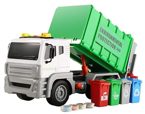 Hanzete 12.5 Garbage Truck Toy with Lights and Sounds, Friction-Powered Waste Rubbish Lorry Truck Recycling Truck Toy Vehicle Set with 3 Bins, Back Bump Function, Educational Kids(1:12)