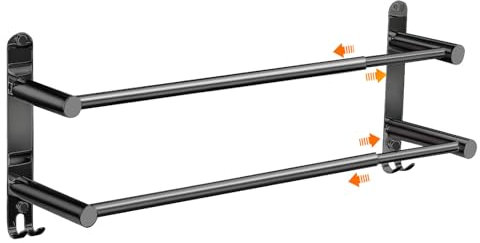 SneiDr Soporte para Toallas de Pared Negro Mate Toallero de Baño de Acero Inoxidable Extensible 2 Barras 43-75 cm con Ganchos Toallero de Ducha para Baño y Cocina - 2 Métodos de Instalación