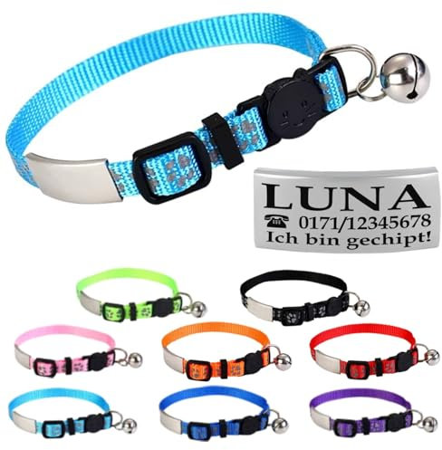 Ibera gifts - Katzenhalsband Personalisiert, Katzenhalsband mit Namen Für Katzen mit Sicherheitsverschluss Selbstöffnend, Reflektierend (Hellblau)