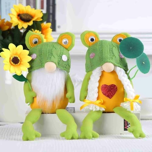 YAQUEKOU 2 Stück Sommer Wichtel-Frosch-Deko mit Frühlingswichtel und Sonnenblume - Plüschpuppen auf Lotusblatt, Figuren und Geschenke