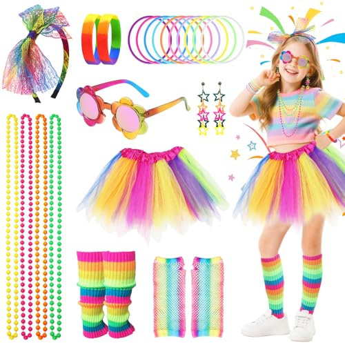80s Fancy Dress Costume Accessories Set for Girls, 9Pcs Rainbow Costume Accessories with Tutu Skirt Leg Warmer Earrings Fishnet Gloves Necklaces Glasses Bracelets Headband, Neon Outfit for 80s Party
