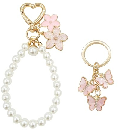 SETOFI Sakura Schlüsselanhänger Mädchen, 2 Stück Blumen - Schlüsselanhänger für Frauen, Rosa Schlüsselanhänger mit Schmetterling, Autozubehör, Taschenanhänger, Rosa