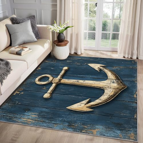 MMYAOKEN Anker Teppich Wohnzimmer 80x150 Nautisch Ankermotiv Maritim Deko, Teppich Kurzflor, Weich rutschfest Waschbare Teppiche, Fußmatte Bettvorleger Schlafzimmer Kinderzimmer A&-282
