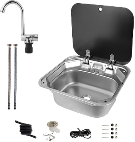 Kit de Lavabo de Caravane en Acier Inoxydable, Lavabo de Cuisine avec Couvercle et Robinet en Verre pour Eau Chaude et Froide, pour Caravane, Camping-Car