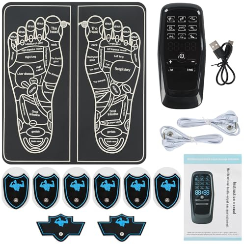 EMS Fußmassagegerät, Faltbares Tragbares Elektrisches Physiotherapie-Instrument,9 Modus+30 Intensitätsstufen,TYP C Fußgesundheitsmassagegerät,Fördert die Durchblutung mit 6+2 TENS Elektroden Pads (A)