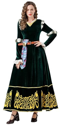 Vhersily Vestito da Principessa Coraggiosa per Donna, Vestito da Cosplay di Merida, Verde, Costume Medievale per Halloween, da Sera Estivo, da Cocktail, Abbigliamento da Discoteca, alla Moda