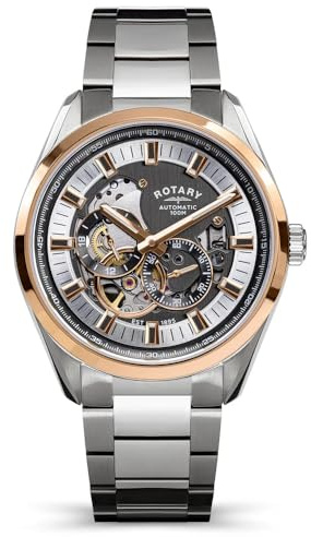 Rotary Men's Seamatic Eclipse 100M Water Resistance Silver & Rose Gold Plated Stainless Steel Bracelet Watch