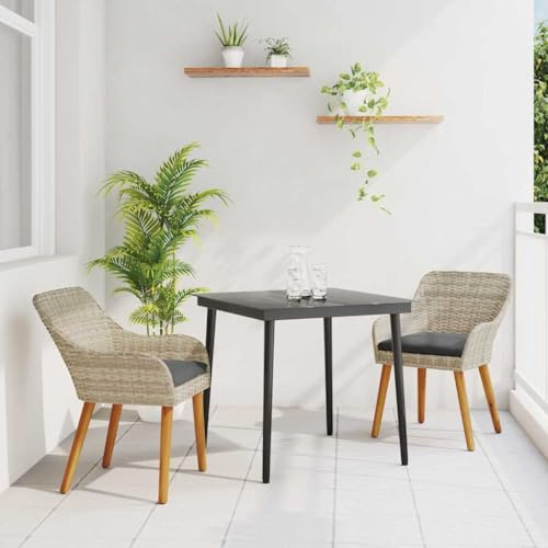 QJBSAVVA Essgruppe 3-Teilig 80x80 cm Poly-Rattan-Tisch mit 2 Stühlen in Hellgrau Modernes Gartenmöbel Set für Balkon Terrasse und kleine Outdoor-Sitzecke