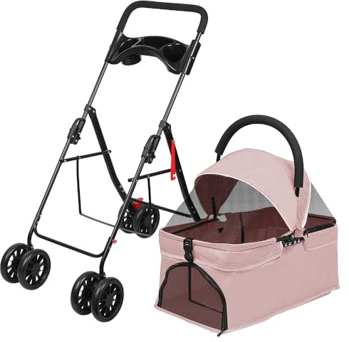 Faltbarer Buggy für Hunde und Katzen, Aufbewahrungskorb, Getränkehalter, 300D Oxford-Stoff, wasserdicht, 4 Räder, Tiere, Reisen, Kinderwagen für Hunde, (G) 97 x 49 x 69 cm – Rosa