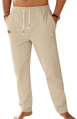 TARAINYA Pantalón Lino Hombre en Mezcla de Algodón y Lino con Cordón Ajustable y Bolsillos Ideal para Practicar Yoga y para la Playa Caqui Claro L