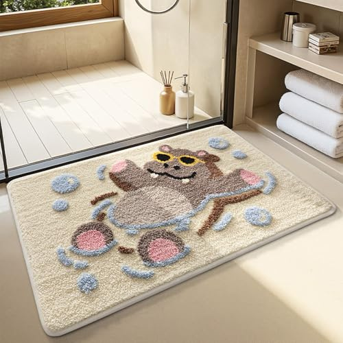 Justup Niedliche Hippo Badezimmerteppich, 50x80 cm Antirutsch Badematte | Weiß Saugfähiger Rutschfeste Badematte mit Tiermotiven, Maschinenwaschbar, Fußmatte für Badezimmer, Duschraum, Schlafzimmer