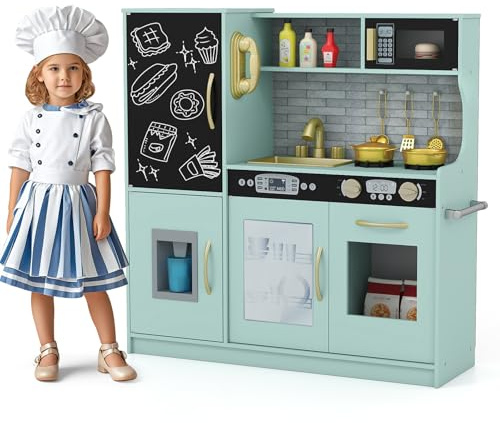 GYMAX Pretend Play Kitchen, Toddler Kitchen Playset with Blackboard, Phone, Microwave, Ice Maker, Dishwasher, Oven, Accessories & Sounds, Wooden Kitchen Toy for 3-6 Years Old (Green)