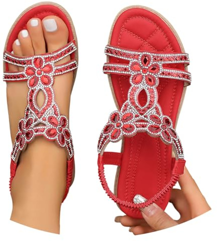 Luadnysin Sandales Femme Été Confortable Nu Pieds T-Strap Bride Élastique À La Cheville Ouvert Bout Chaussure De Plage Strass Cristal Florals Casual Chaussures,35-46