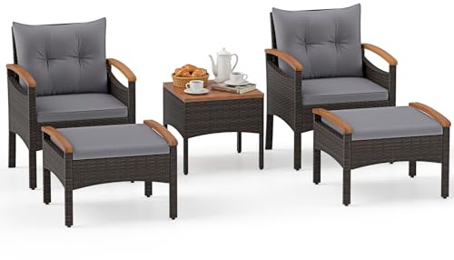 COSTWAY Rattan Gartenmöbel Set, Balkonmöbel, Balkonset inkl. 2 Stühle mit Hocker, Tisch & Kissen, Tischplatte und Armlehnen aus Akazienholz, Terrassenmöbel, Gartengarnitur, Sitzgruppe (Grau)