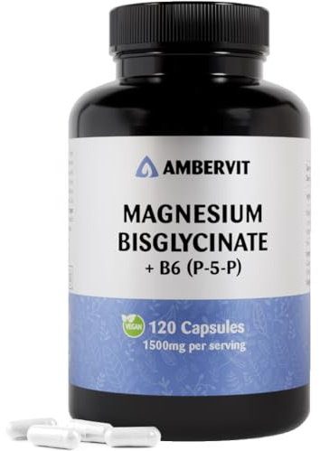 Magnesio Bisglicinato con Vitamina B6 P-5-P – 120 Capsule Vegane – 1500 mg Bisglicinato, 300 mg Magnesio Elementare – Formula Chelata ad Alto Dosaggio – 40 Giorni di Scorta – Ambervit