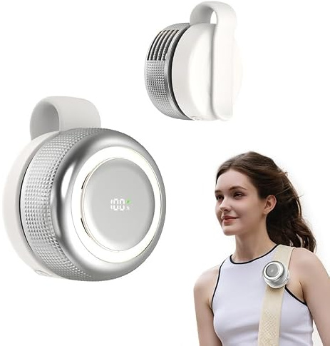 TFQXA1Z Ultra-Quiet Bladeless Clip-On Fan, 360° Rotatable Personal Fan with Digital Display, 5-Speed Rechargeable Mini Fan for Home, Office, School, Summer Gift (White)