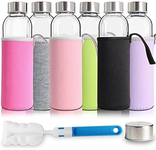 YEBODA Glass Water Bottles 18oz Bottles For Beverage, Juice and Juicer Use Stainless Steel Caps - Including Colorful Nylon Protection Sleeve,Pack Of 6