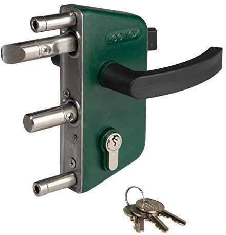 Serrure de portail de jardin Larz P1 verte pour profilés ronds, serrure de portail battante, serrure de portail à battants