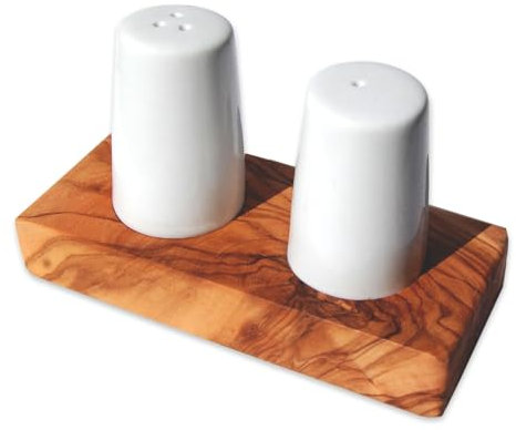 D.O.M.® Albert - Saliera e pepiera in ceramica su base in legno d'ulivo