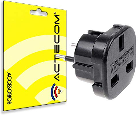 ACTECOM® Adaptador Enchufe 3 Pin UK Inglés Reino Unido Tipo G a 2 Pin Europeo UE Modelo C E F Universal Adapter Corriente (Black)