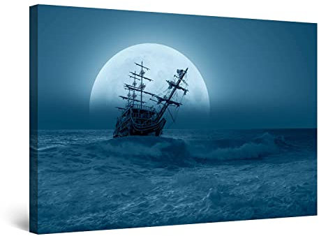 Startonight Bilder - Großer Mond und Schiff - Leinwandbilder Moderne Kunst, Wanddeko Kunstdrucke, Wandbilder XXL Wohnzimmer Groß Wand Bild 80 x 120 cm, Tag Nacht Effekt, Elegante Geschenkidee Deko