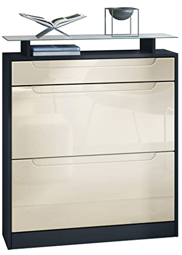 Vladon Schuhschrank Fiesta, Schwarz matt/Creme Hochglanz - Schuhkipper für 16 Paar Schuhe (89 x 104 x 23 cm)