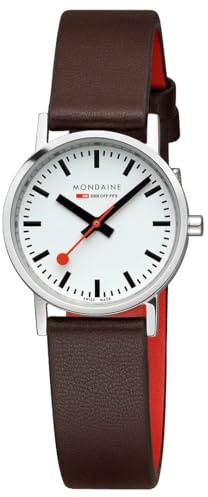 Mondaine Classic Timepiece, 30mm Polished Stainless Steel Case, White Dial, Iconic Red Crown, Vegan Grape Leather Strap, Eco-Composite & Recycled PET Materials